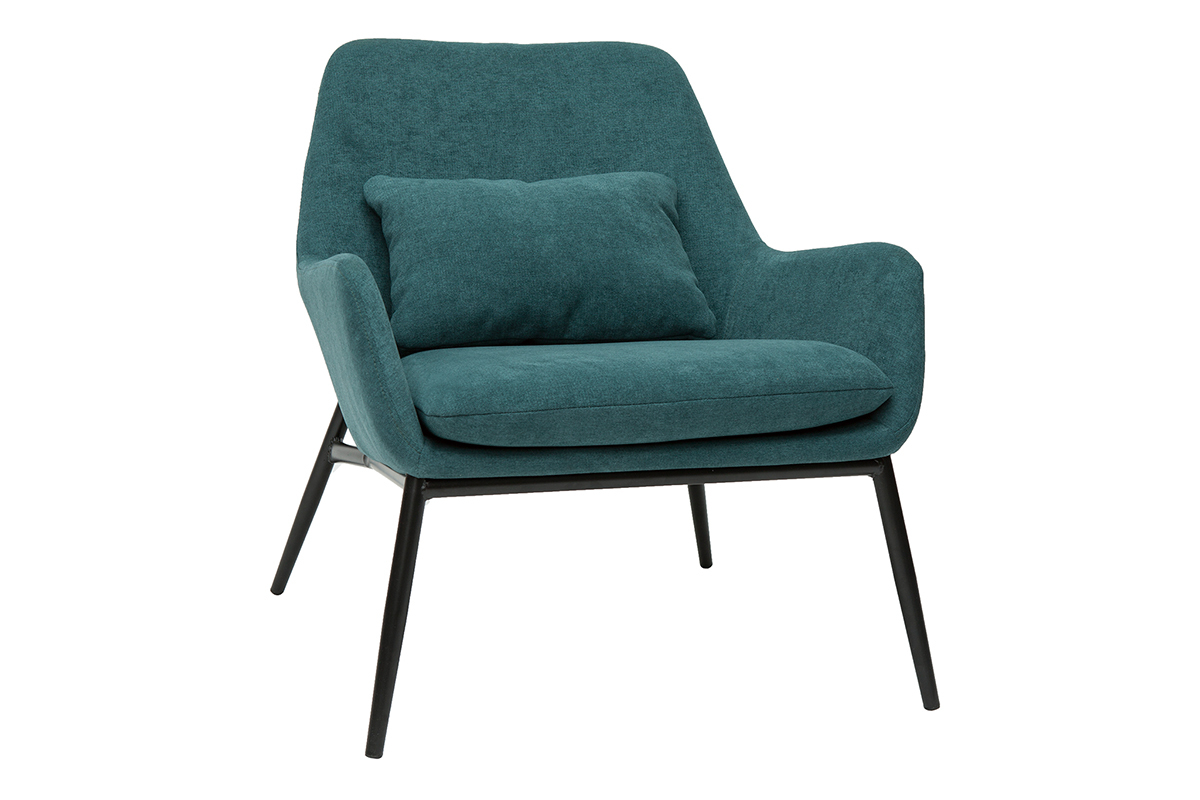 Fauteuil design en tissu effet velours bleu canard et mtal noir MAXINE