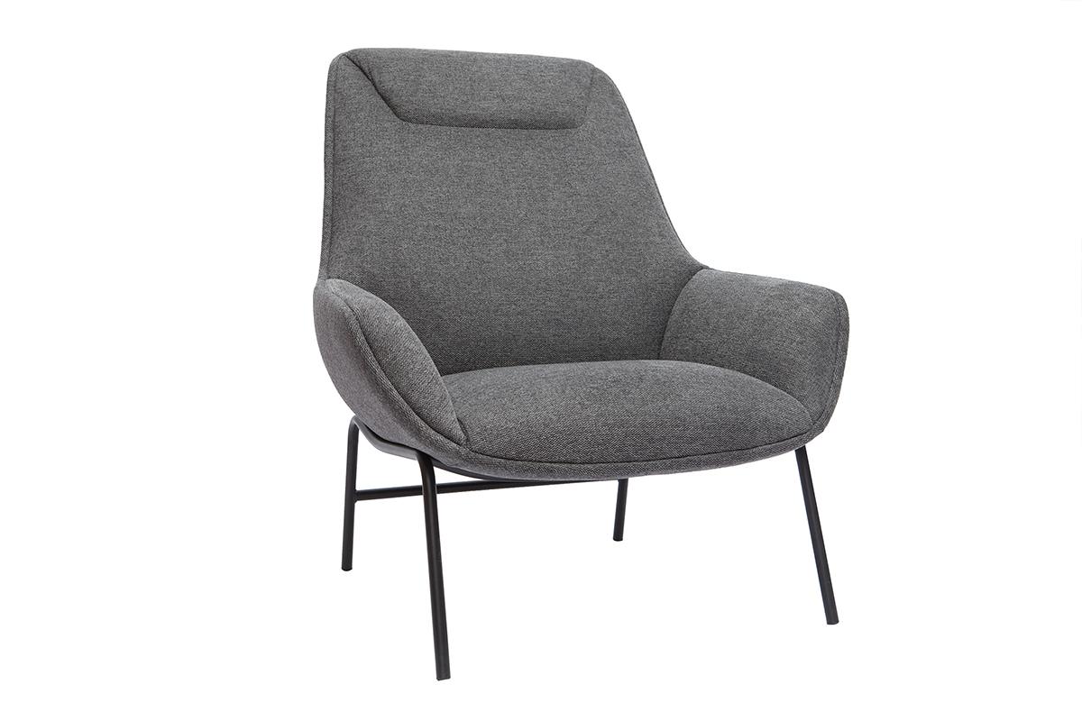 Fauteuil design en tissu effet velours textur gris fonc et mtal noir MARCEAU