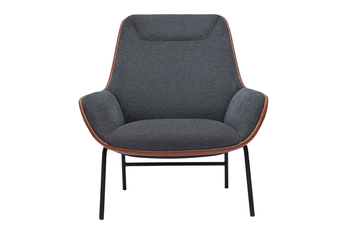 Fauteuil design marron avec tissu effet velours textur gris fonc et mtal noir MARCEAU