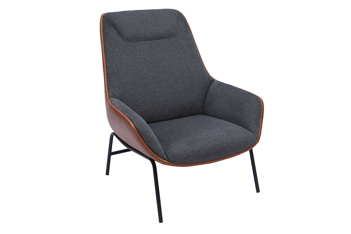 Fauteuil design marron avec tissu effet velours textur gris fonc et mtal noir MARCEAU