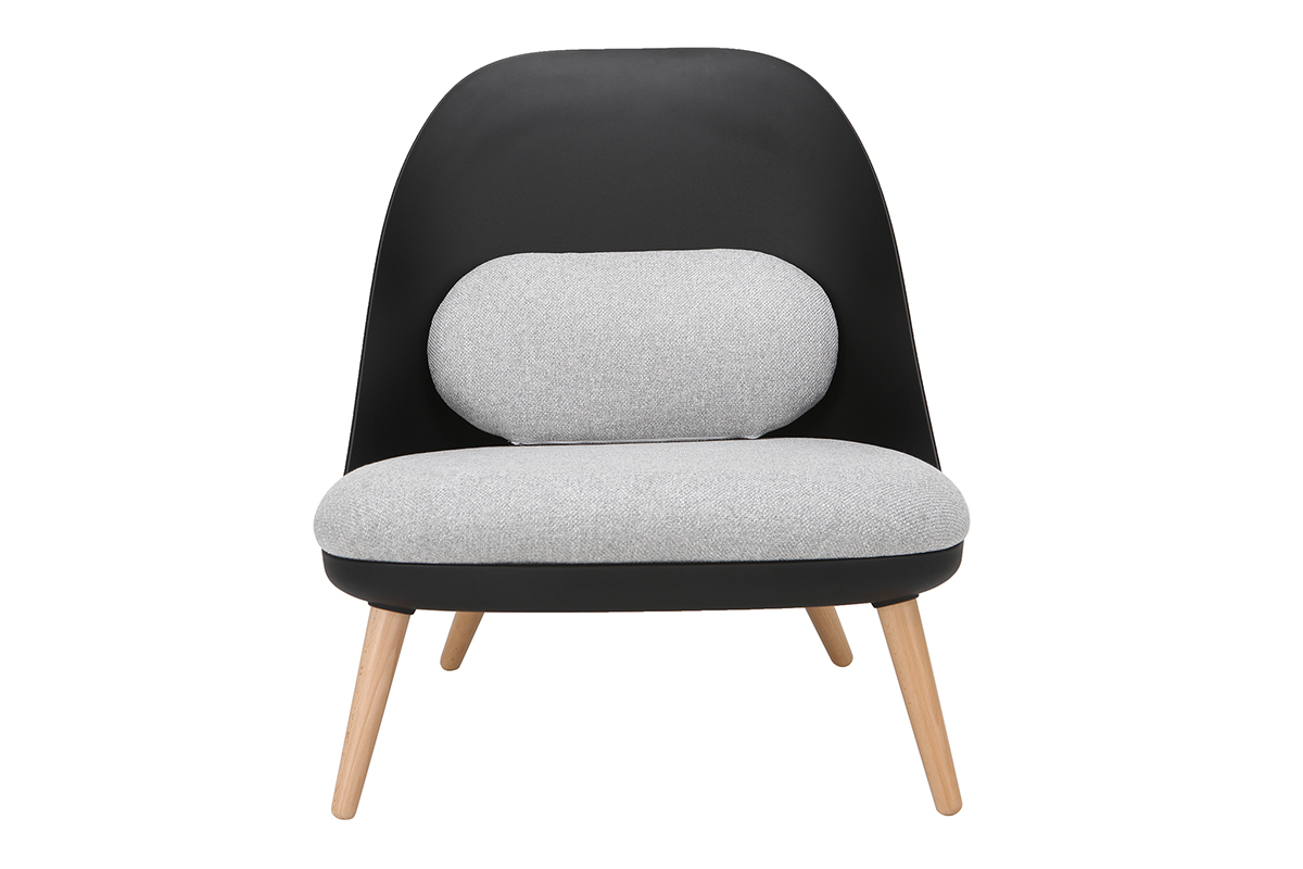 Fauteuil design noir avec coussins en tissu et pieds bois clair LEAF