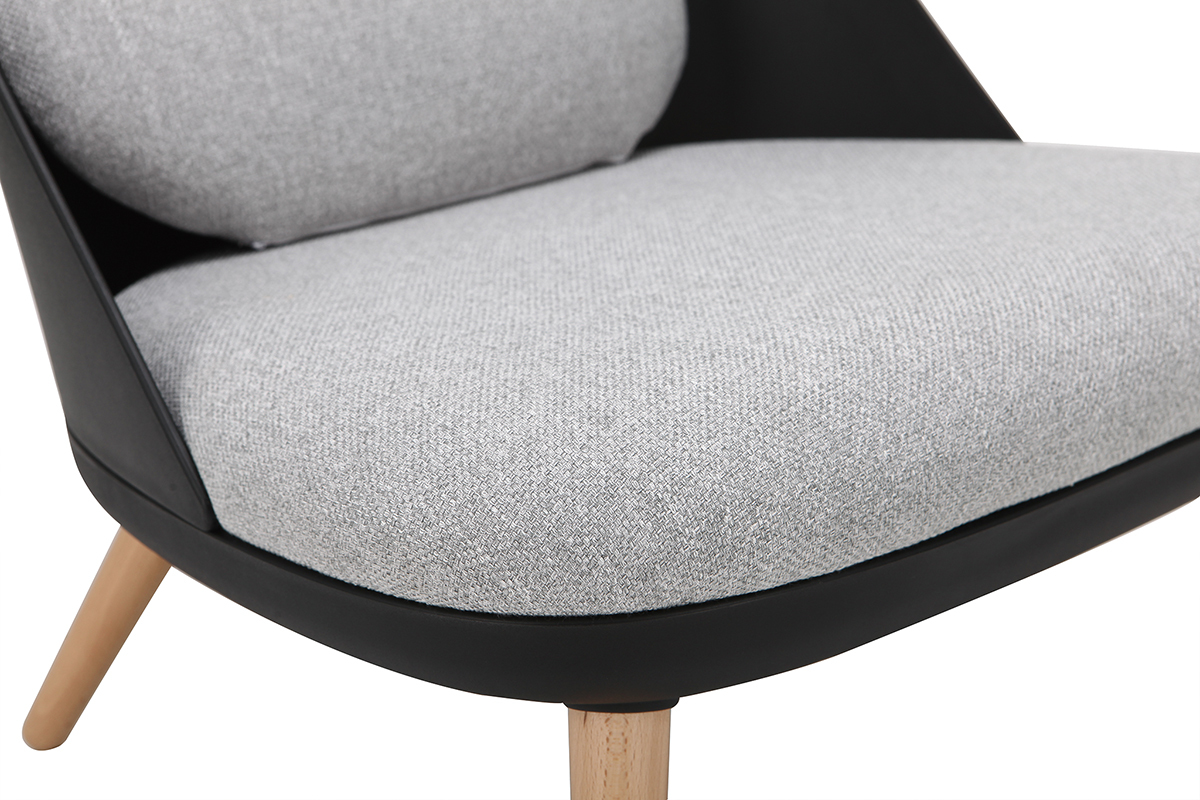 Fauteuil design noir avec coussins en tissu et pieds bois clair LEAF