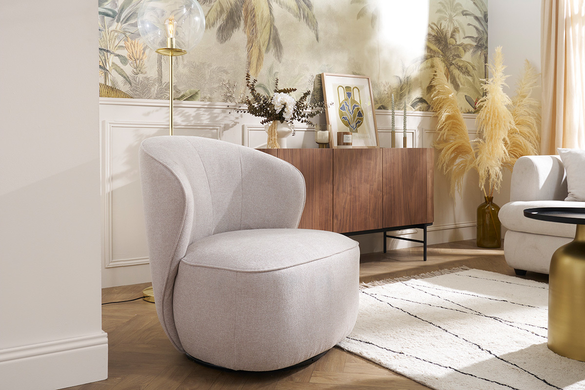 Fauteuil design pivotant en tissu effet velours textur beige AMBER