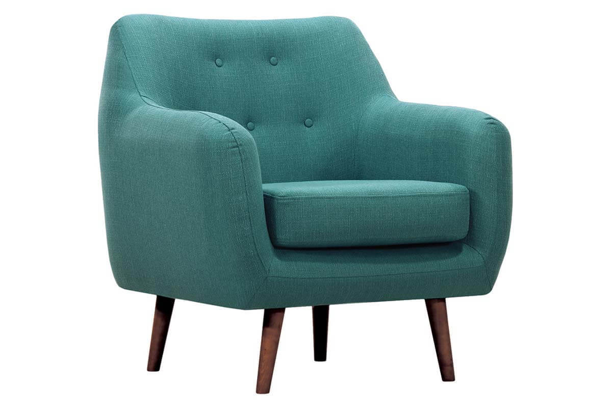 Fauteuil design tissu bleu canard pieds noyer OLAF