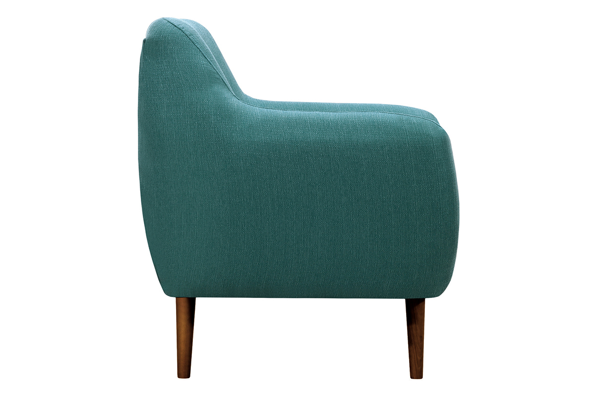 Fauteuil design tissu bleu canard pieds noyer OLAF