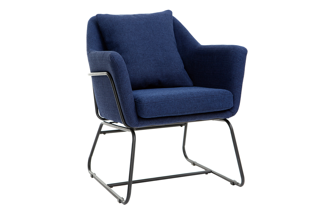 Fauteuil design tissu bleu fonc et structure mtal noir MONROE