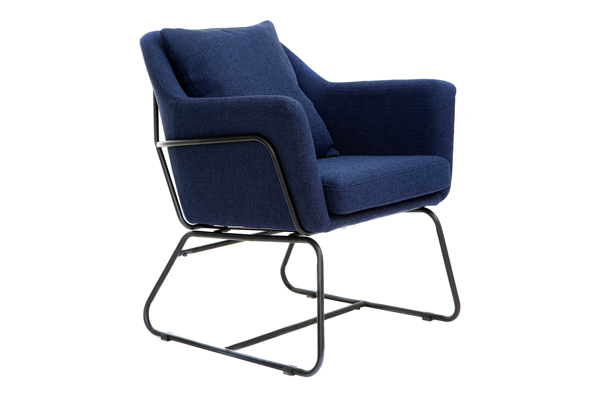 Fauteuil design tissu bleu fonc et structure mtal noir MONROE