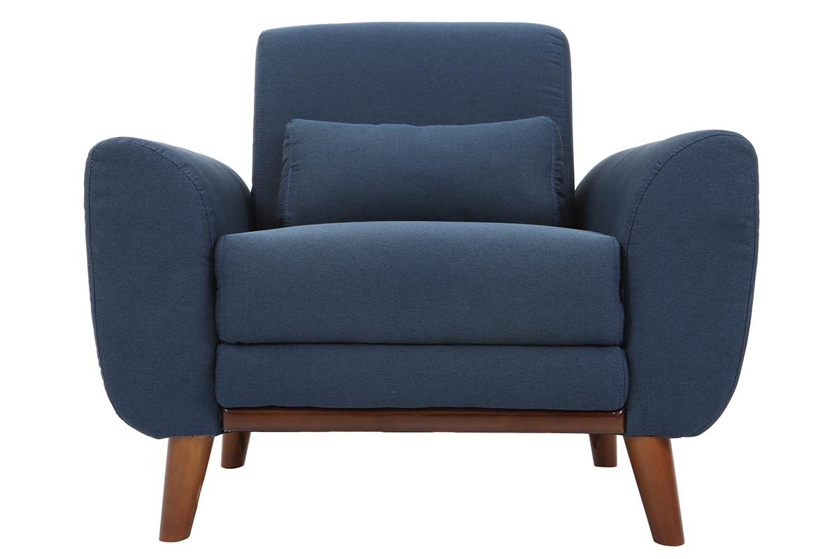 Fauteuil en tissu bleu fonc et bois fonc EKTOR