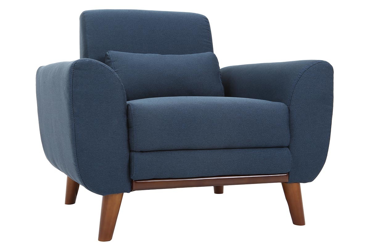 Fauteuil en tissu bleu fonc et bois fonc EKTOR