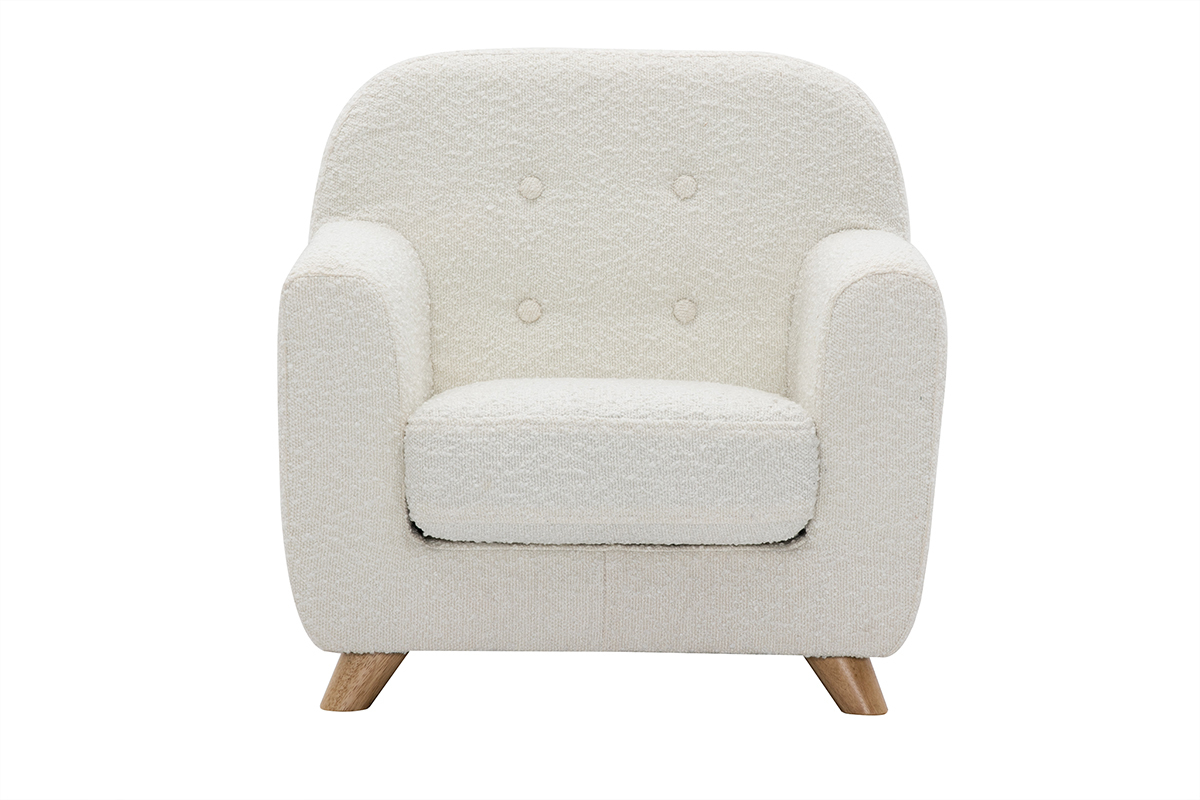 Fauteuil enfant scandinave en tissu effet laine boucle blanc et bois clair NORKID