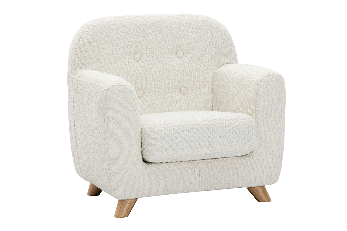 Fauteuil enfant scandinave en tissu effet laine boucle blanc et bois clair NORKID