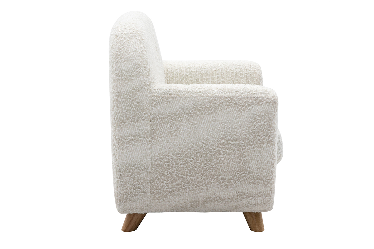 Fauteuil enfant scandinave en tissu effet laine boucle blanc et bois clair NORKID