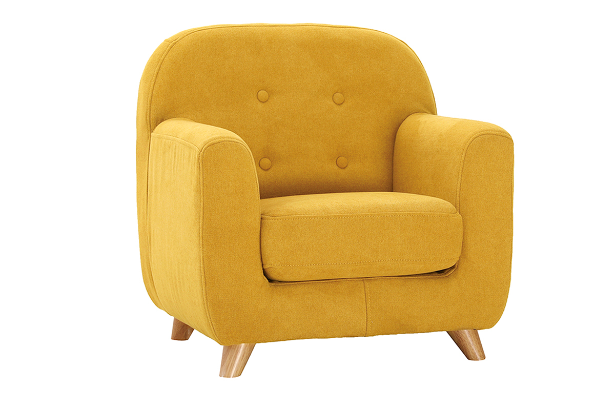 Fauteuil enfant scandinave en tissu effet velours jaune moutarde et bois clair NORKID