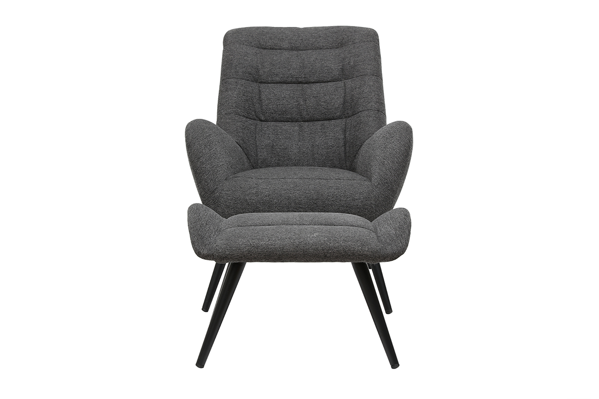 Fauteuil et repose-pieds design en tissu gris fonc et mtal noir ZOE