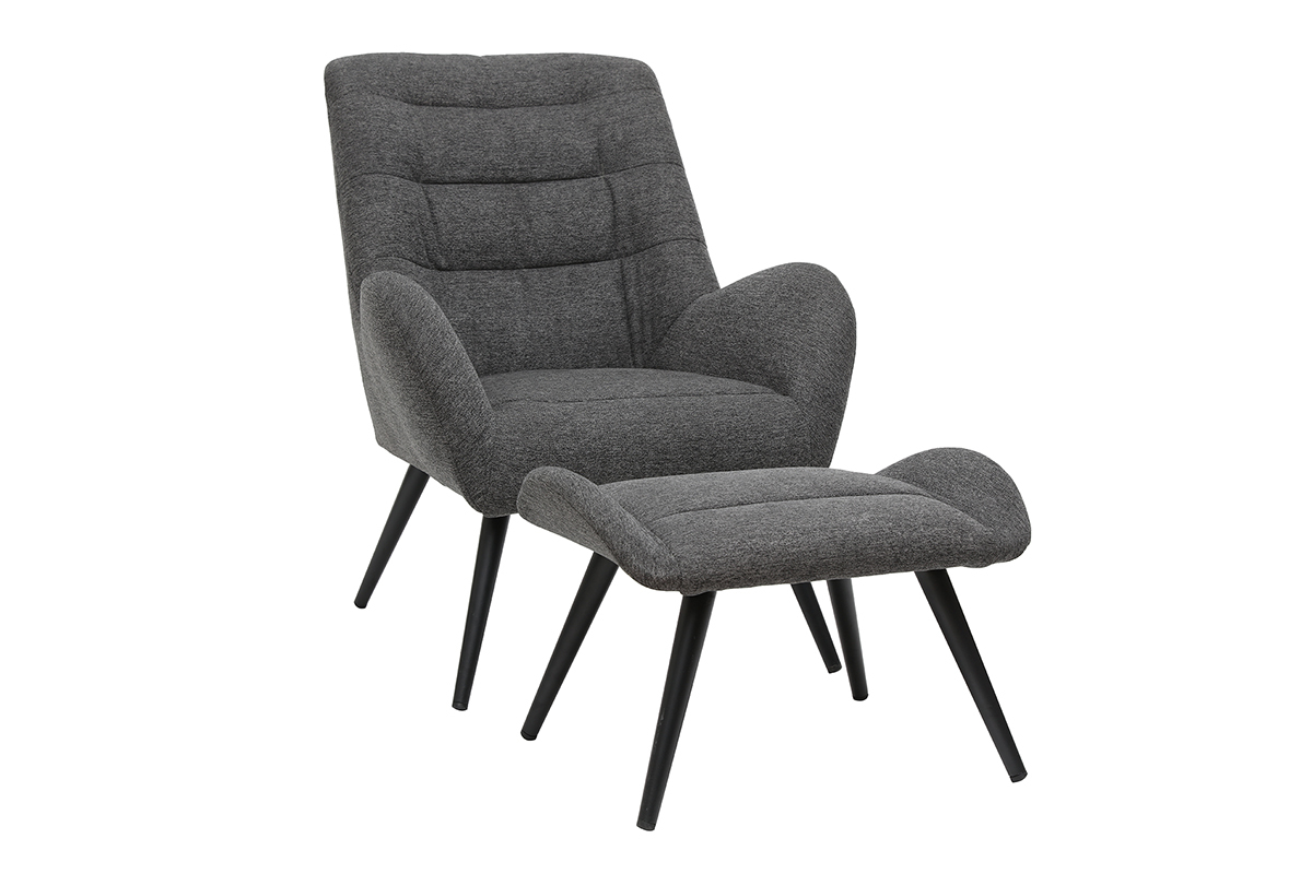 Fauteuil et repose-pieds design en tissu gris fonc et mtal noir ZOE