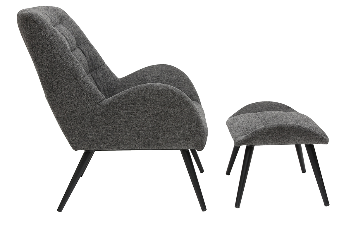 Fauteuil et repose-pieds design en tissu gris fonc et mtal noir ZOE