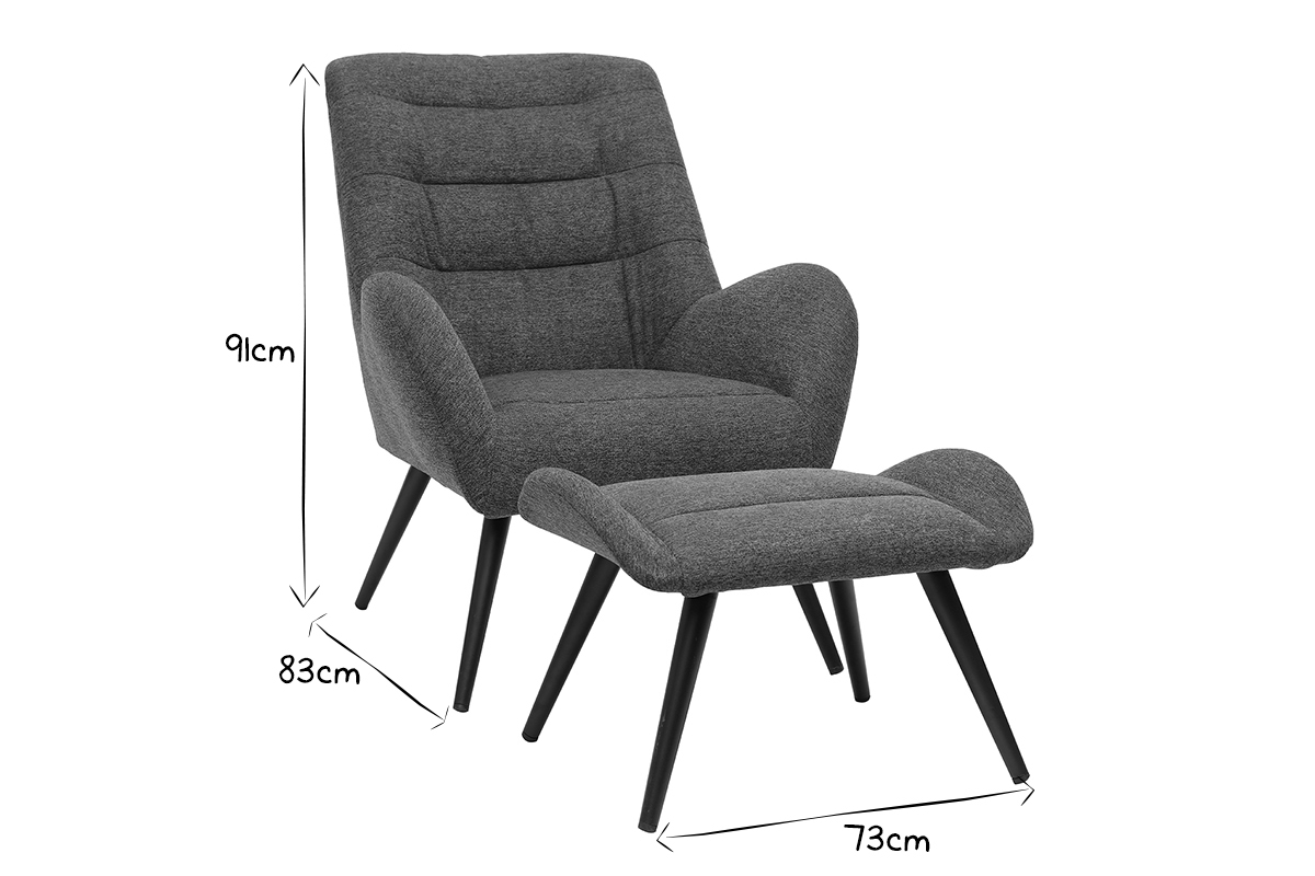 Fauteuil et repose-pieds design en tissu gris fonc et mtal noir ZOE