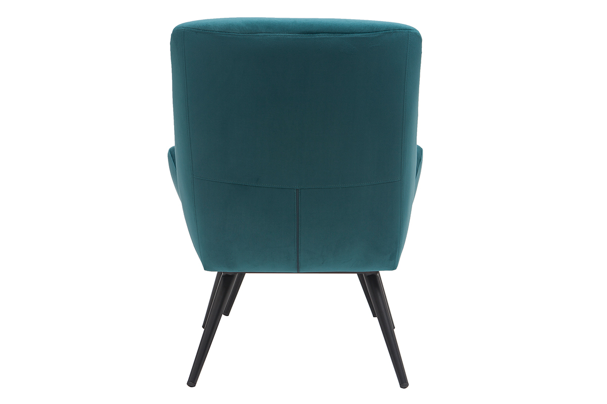 Fauteuil et repose-pieds design en tissu velours bleu ptrole et mtal noir ZOE