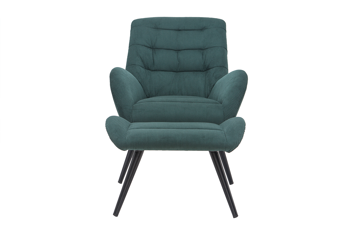 Fauteuil et repose-pieds design en tissu velours ctel vert et mtal noir ZOE