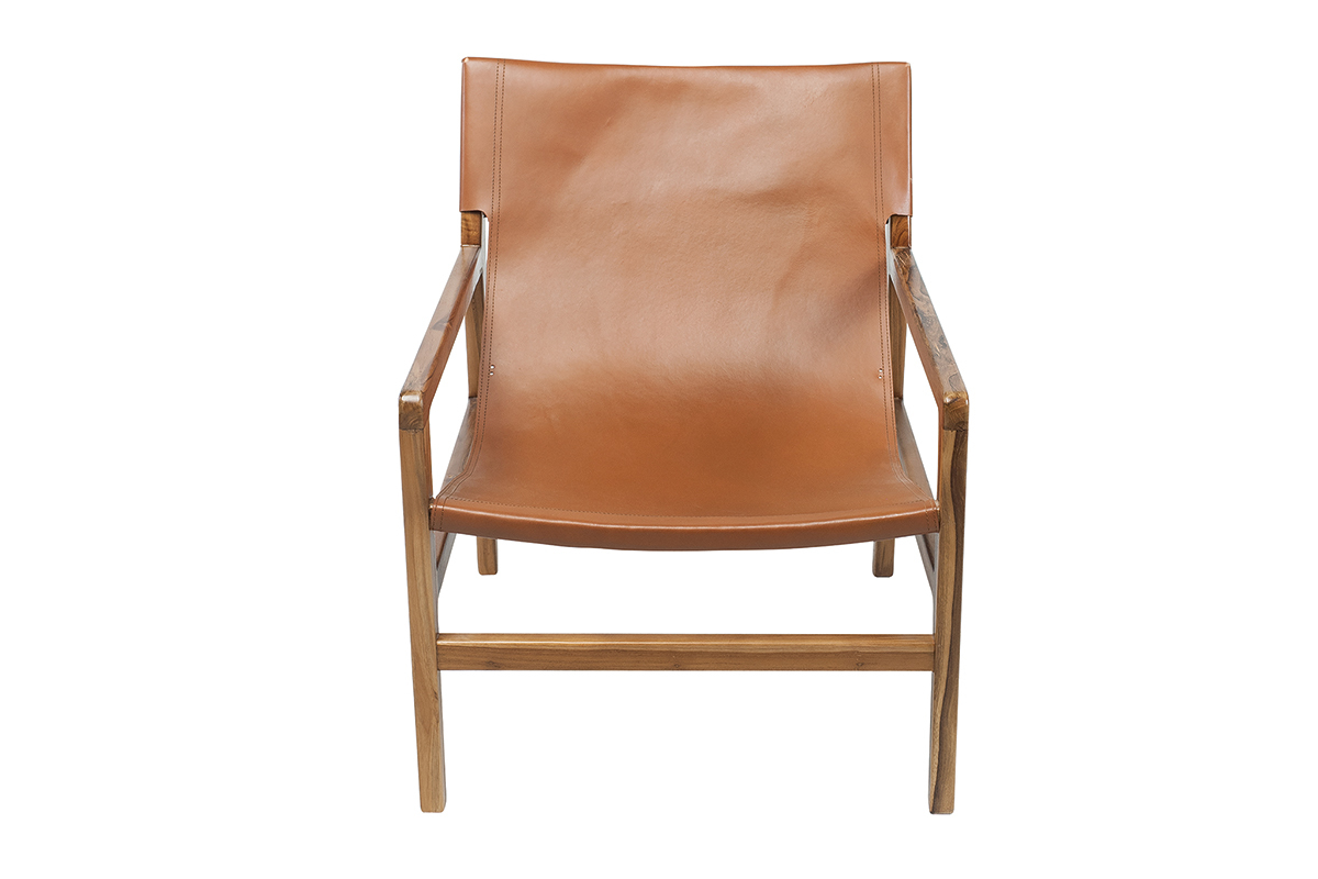 Fauteuil ethnique bois teck massif et cuir marron CHILLY