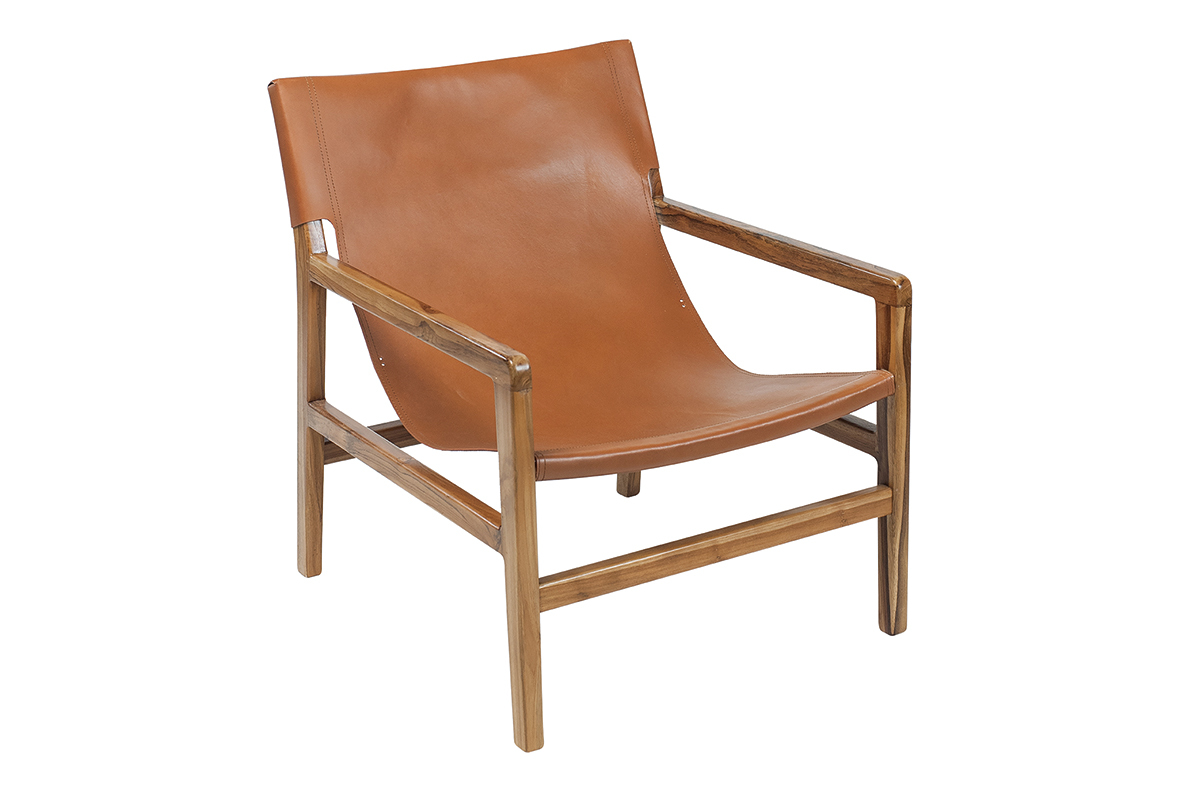 Fauteuil ethnique bois teck massif et cuir marron CHILLY