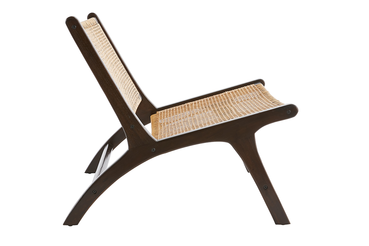 Fauteuil ethnique en bois teck massif teint noyer et cannage en rotin naturel HAMMA