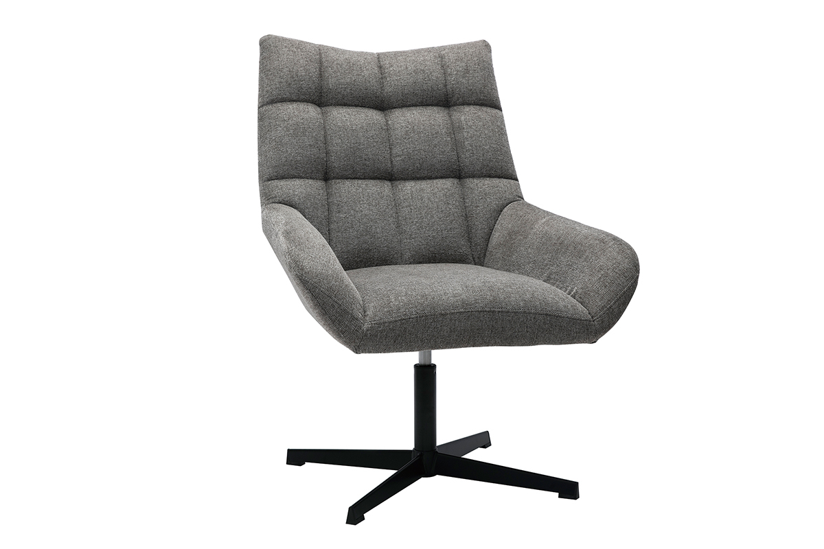 Fauteuil pivotant design en tissu effet velours texur gris et mtal noir KING