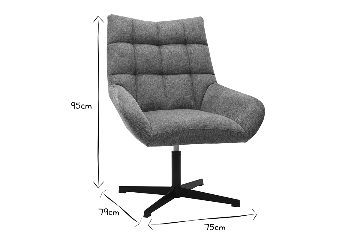 Fauteuil pivotant design en tissu effet velours texur gris et mtal noir KING