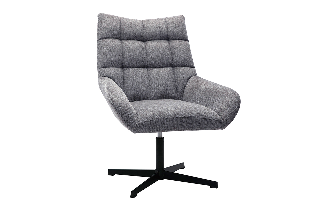 Fauteuil pivotant design en tissu effet velours texur gris et mtal noir KING