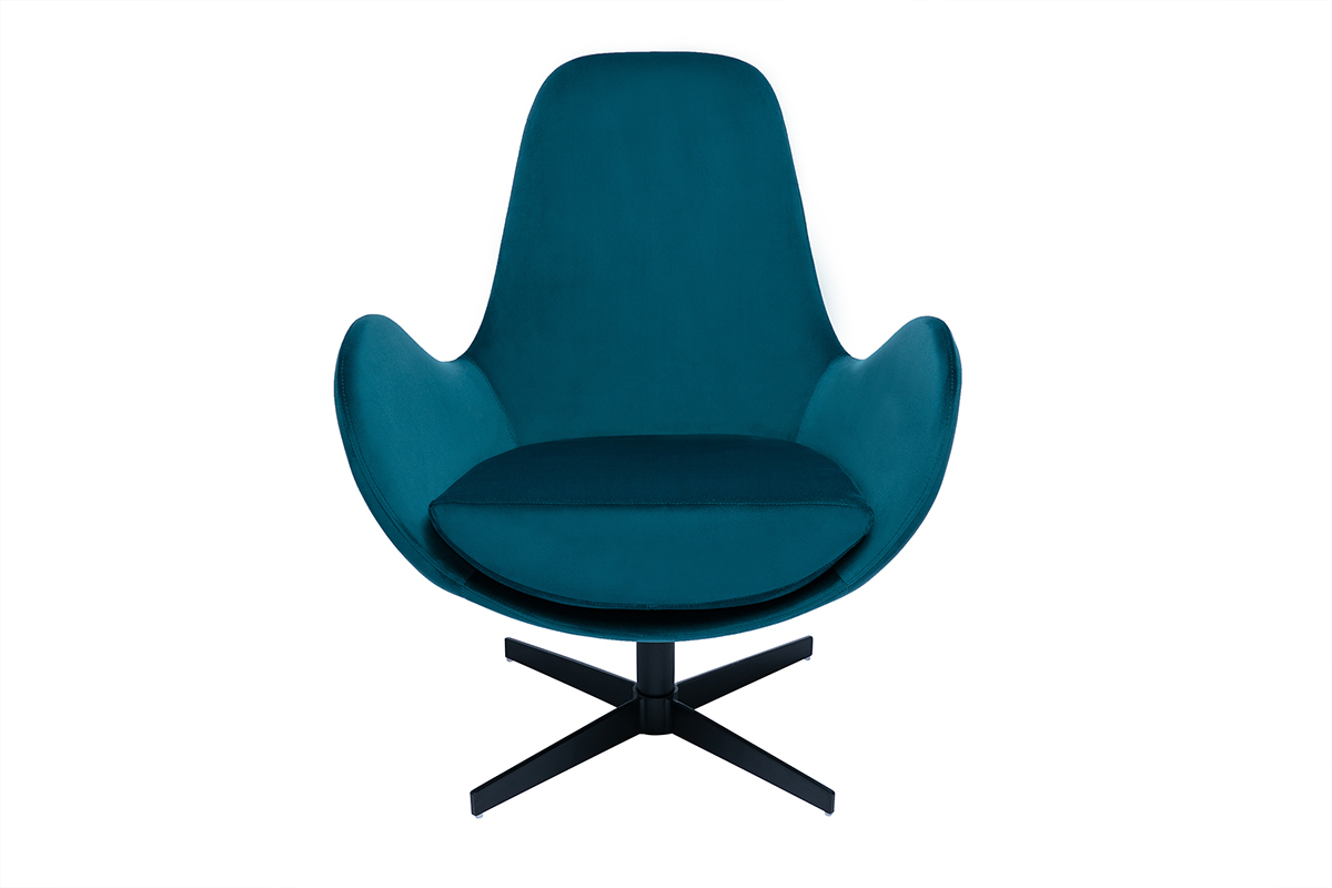 Fauteuil pivotant design en tissu velours gaufr bleu canard et mtal noir ANDY