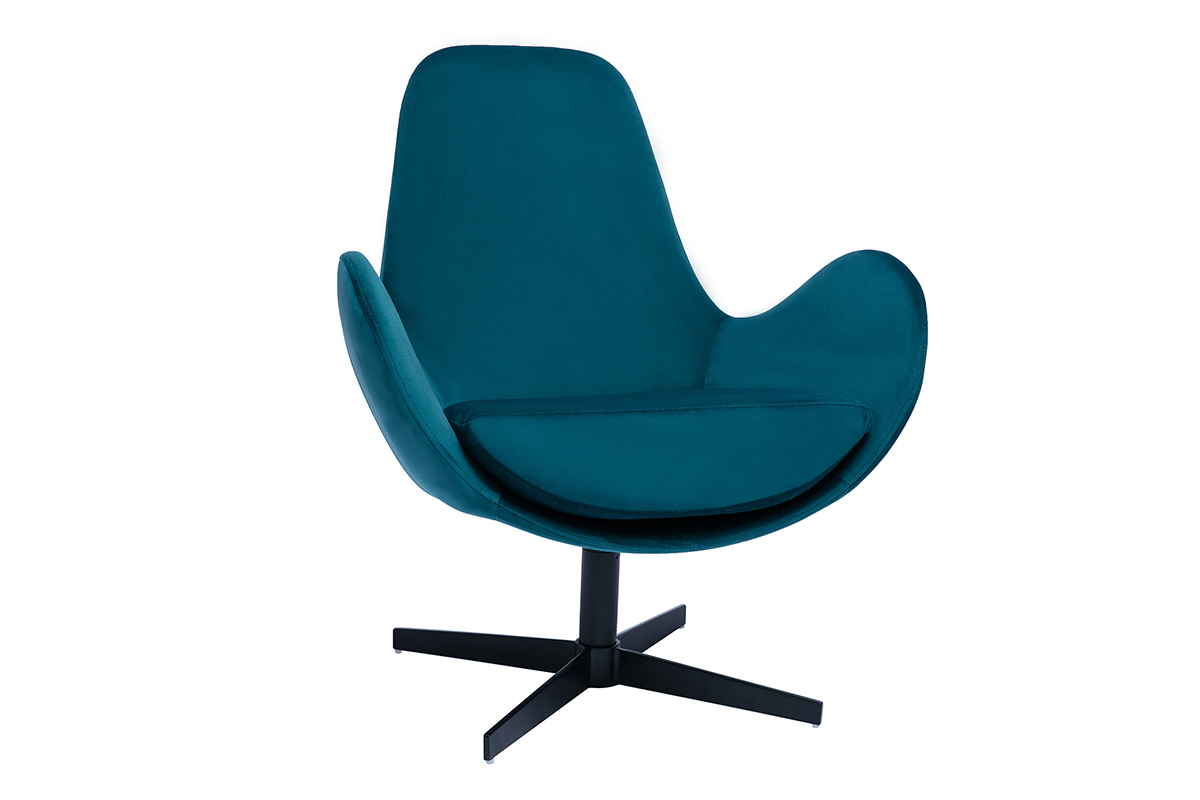 Fauteuil pivotant design en tissu velours gaufr bleu canard et mtal noir ANDY