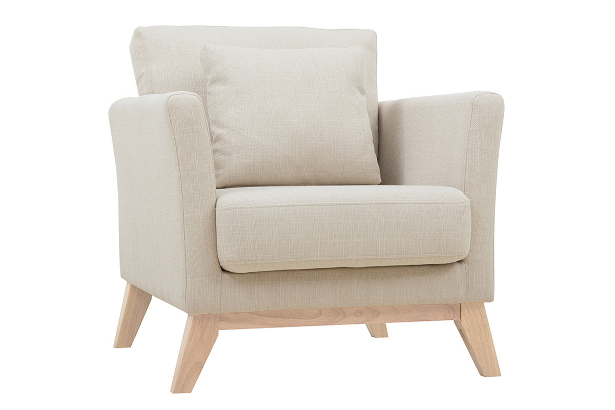 Fauteuil scandinave dhoussable en tissu beige et bois clair OSLO