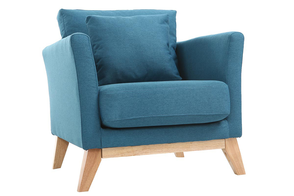 Fauteuil scandinave dhoussable en tissu bleu canard et bois clair OSLO