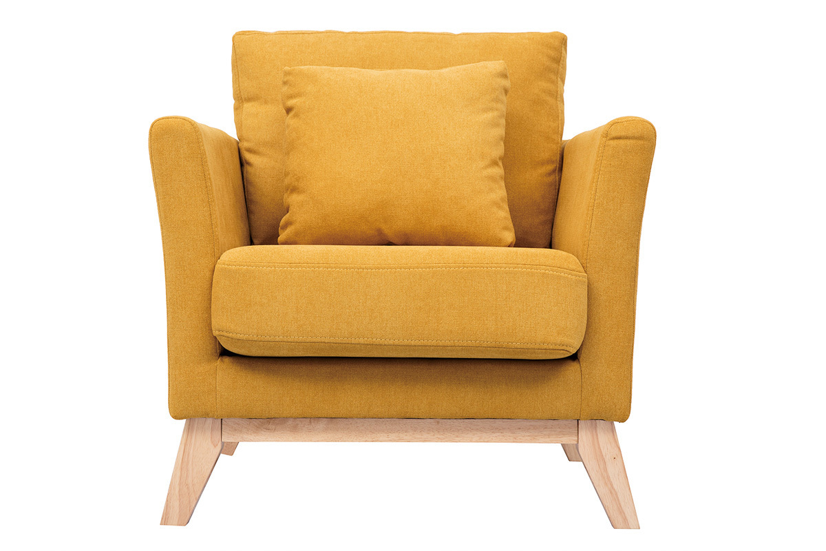 Fauteuil scandinave dhoussable en tissu effet velours jaune moutarde et bois clair OSLO