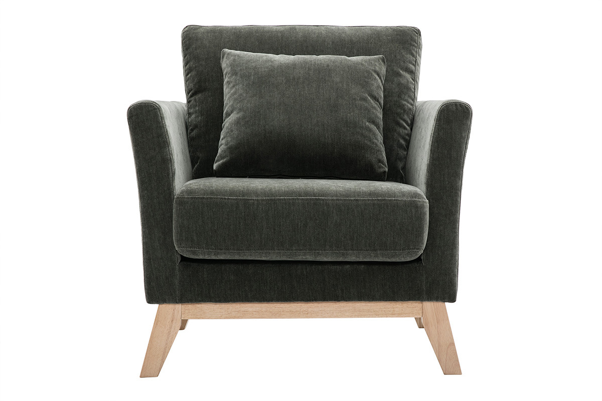 Fauteuil scandinave dhoussable en tissu effet velours vert kaki et bois clair OSLO