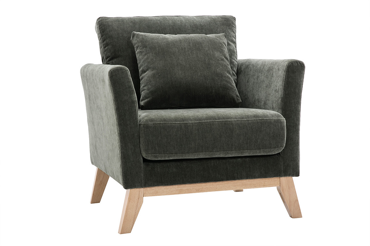 Fauteuil scandinave dhoussable en tissu effet velours vert kaki et bois clair OSLO