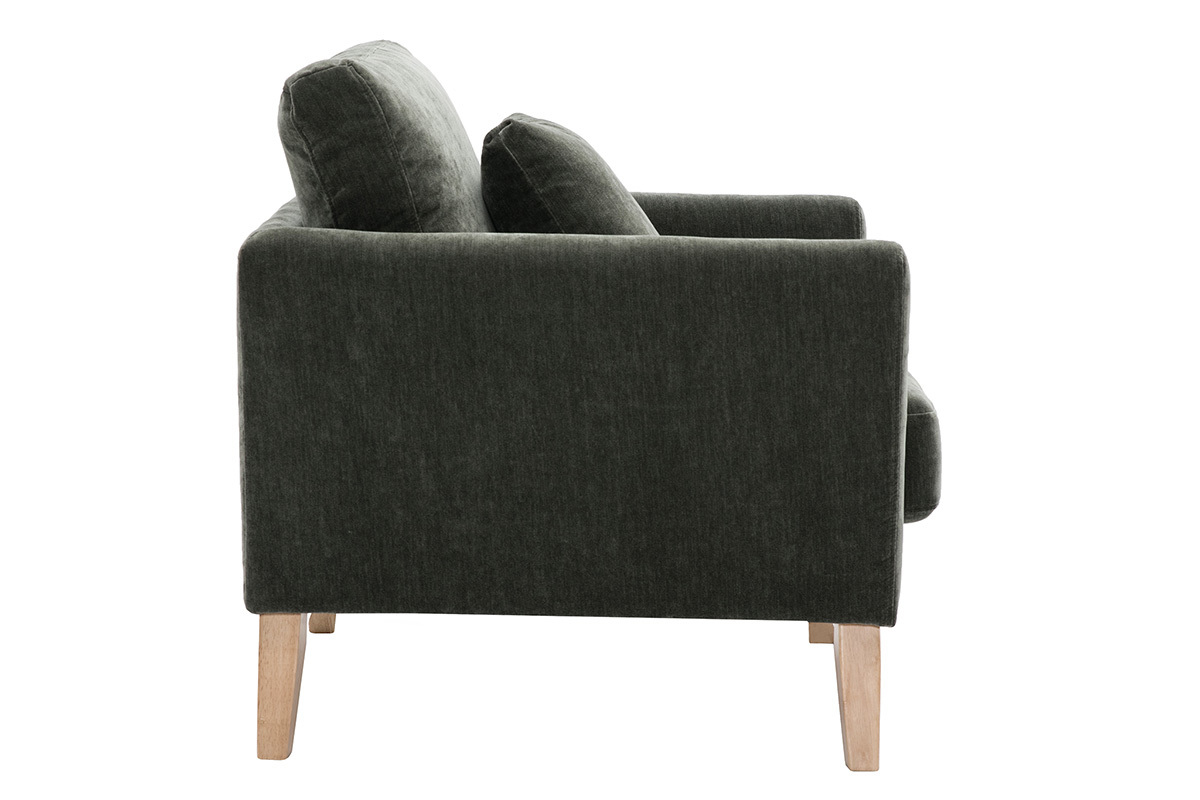 Fauteuil scandinave dhoussable en tissu effet velours vert kaki et bois clair OSLO