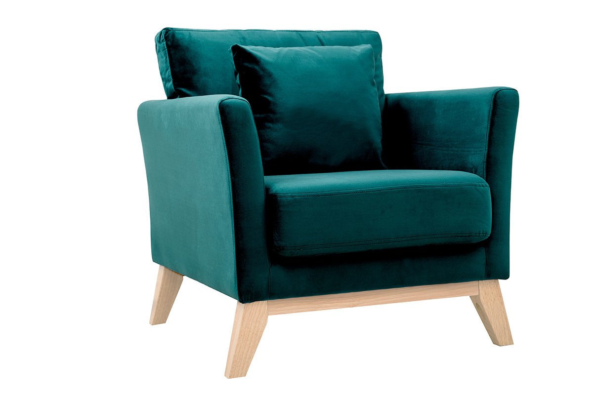 Fauteuil scandinave dhoussable en tissu velours bleu ptrole et bois clair OSLO