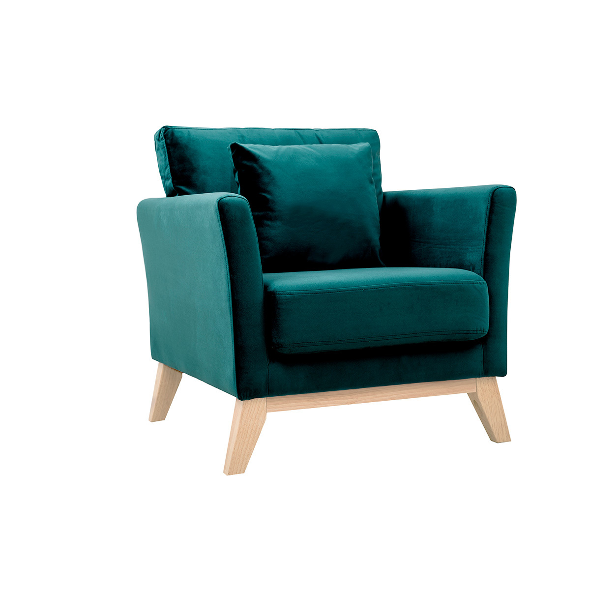 Fauteuil scandinave déhoussable en tissu velours bleu pétrole et bois clair OSLO