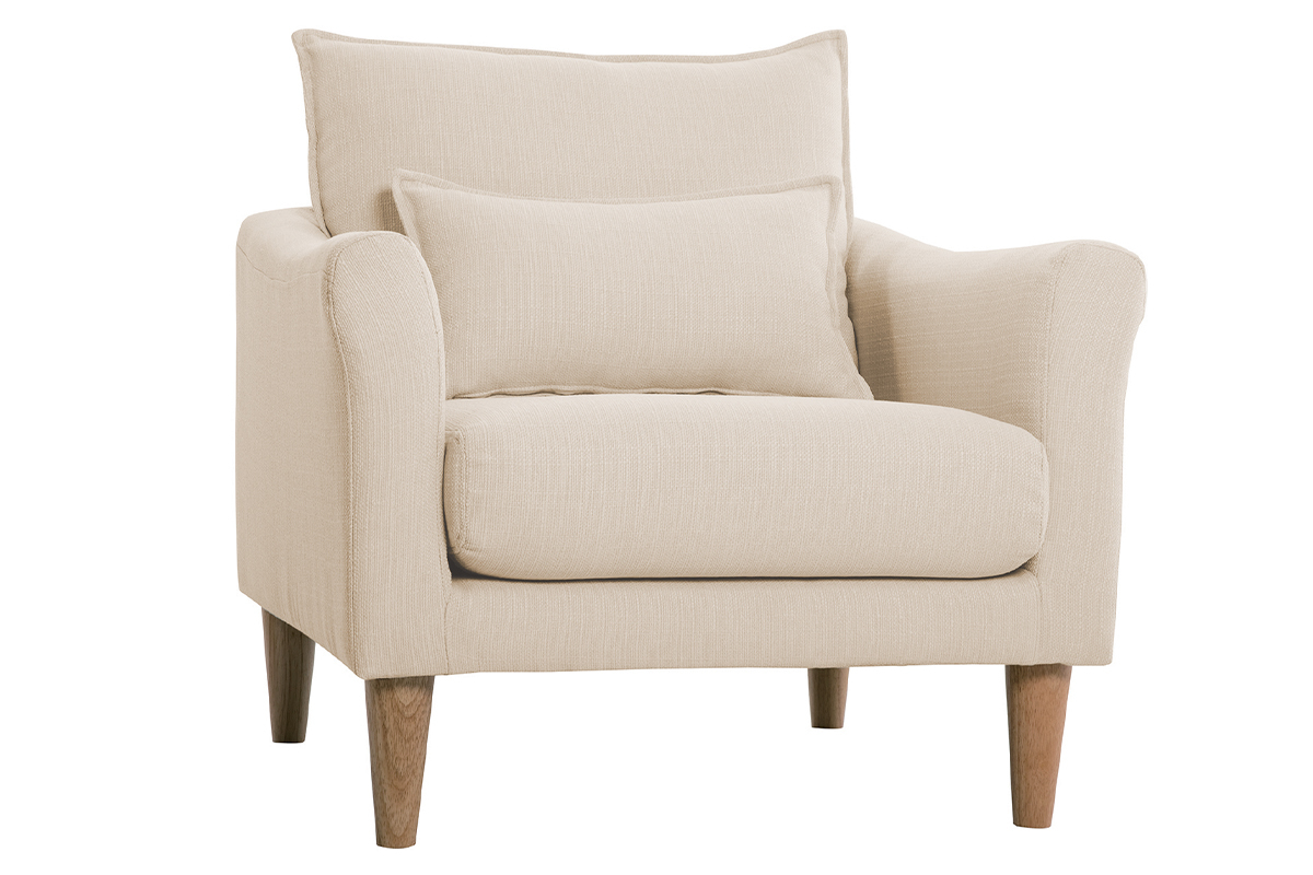 Fauteuil scandinave en tissu beige et bois clair KATE