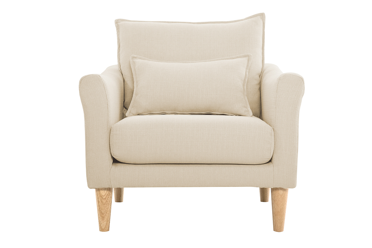 Fauteuil scandinave en tissu beige et bois clair KATE