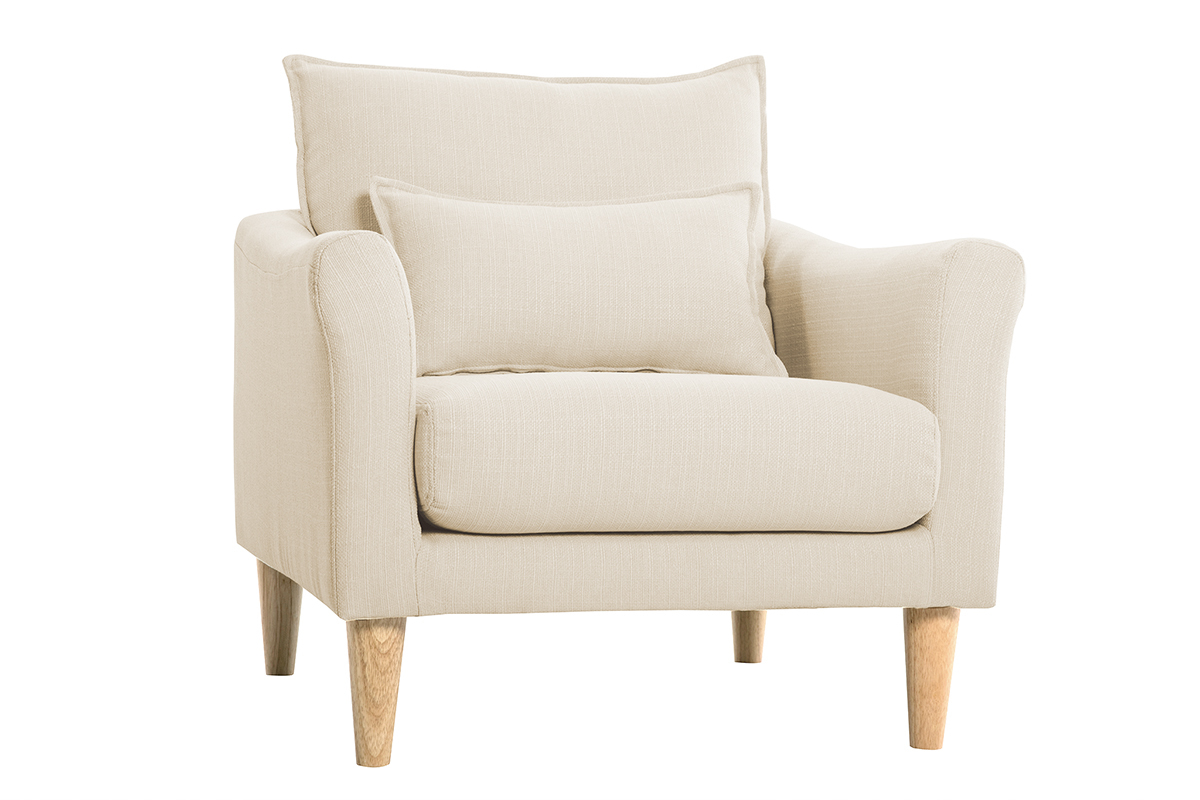 Fauteuil scandinave en tissu beige et bois clair KATE