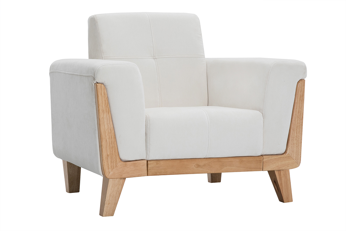 Fauteuil scandinave en tissu blanc cass et bois clair FJORD