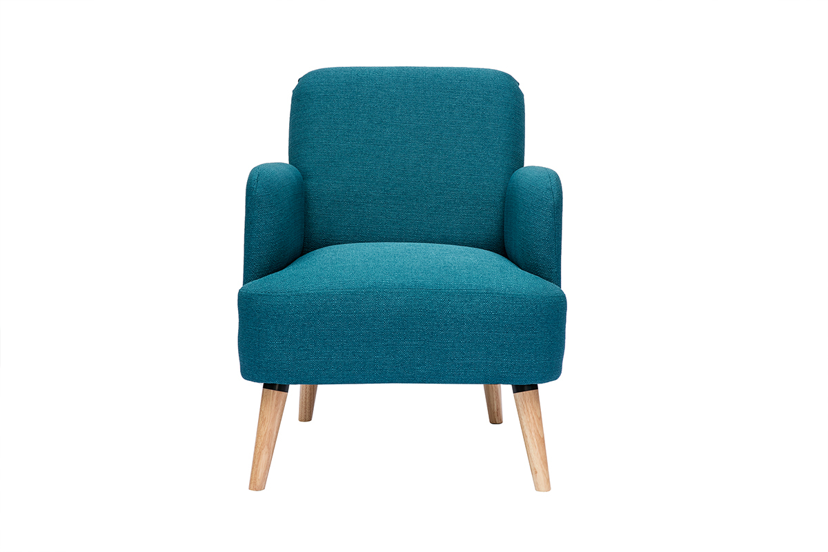 Fauteuil scandinave en tissu bleu canard et bois clair ISKO