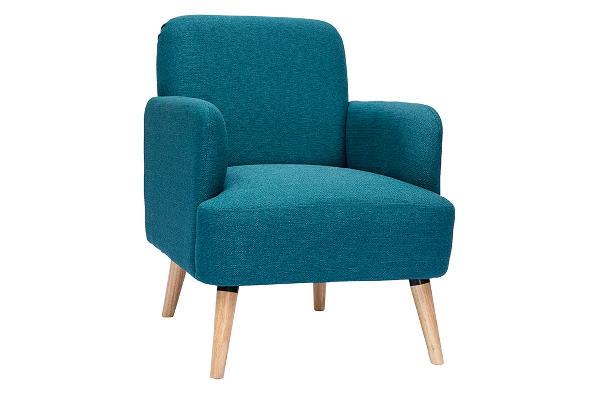 Fauteuil scandinave en tissu bleu canard et bois clair ISKO