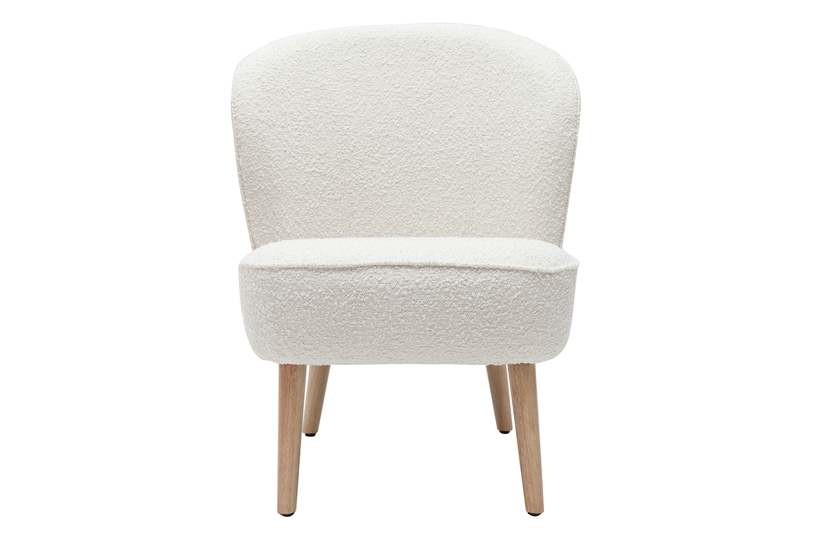 Fauteuil scandinave en tissu effet laine boucle blanc cass et bois clair AMANITA