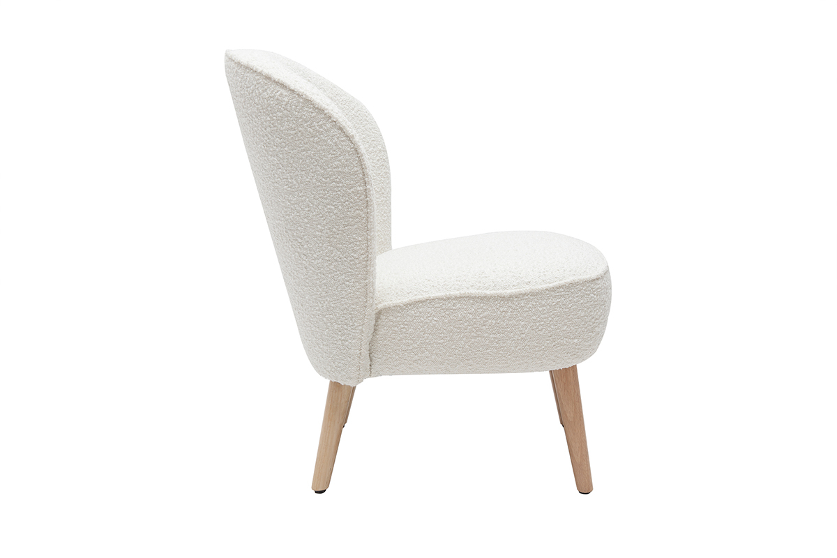 Fauteuil scandinave en tissu effet laine boucle blanc cass et bois clair AMANITA