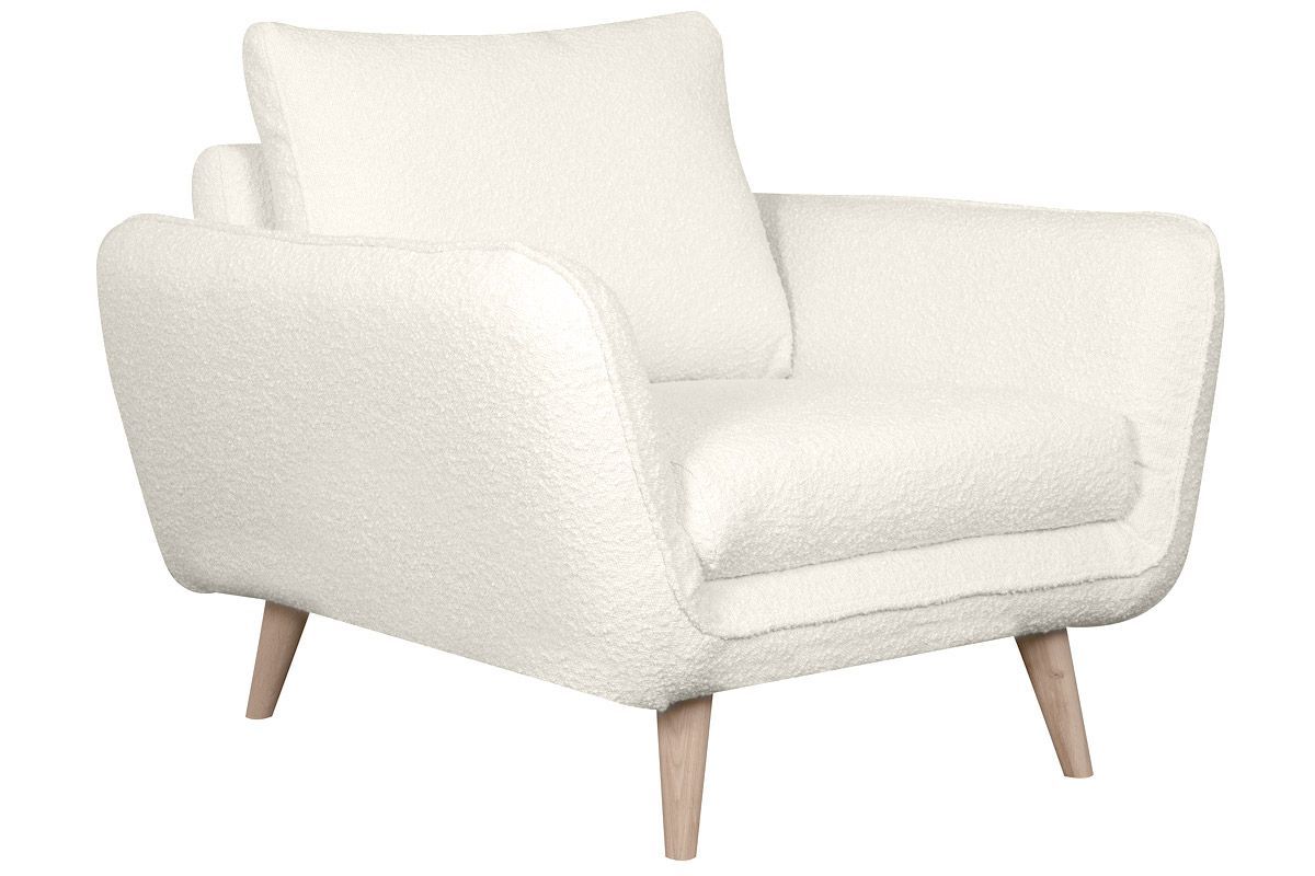 Fauteuil scandinave en tissu effet laine boucle blanc cass et bois clair CREEP