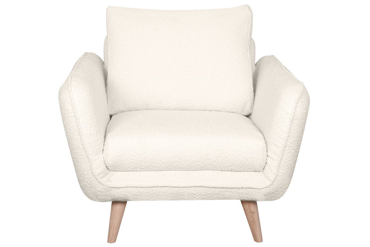 Fauteuil scandinave en tissu effet laine boucle blanc cass et bois clair CREEP