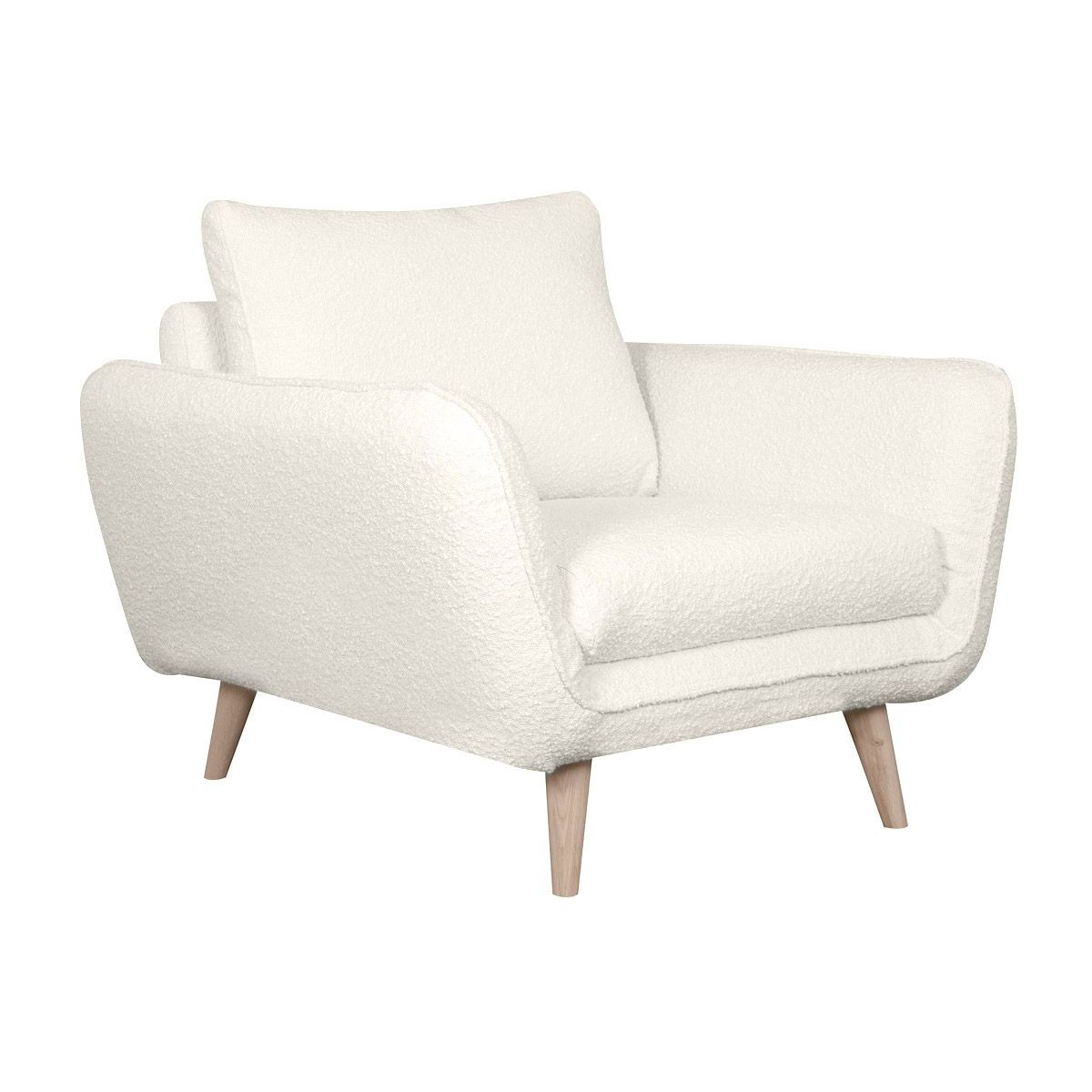 Fauteuil scandinave en tissu effet laine bouclée blanc cassé et bois clair CREEP